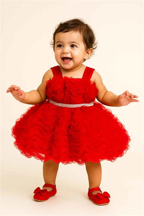 Red Frock With Ruffled Embellished For Girls – Lagorii Kids