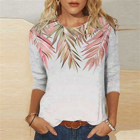 Dolkfu Round Neck Women'sTops 3/4 Sleeve Red Hawaiin Printed Casual ...