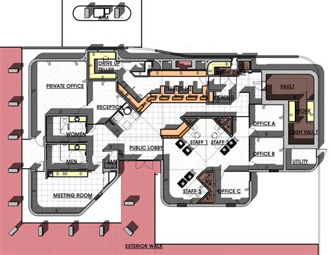 Bank Plan with Seating Areas and Kitchen