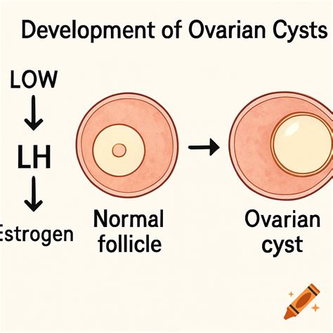 Diagram showing the development of an ovarian cyst from a normal follicle, with labels for LH ...
