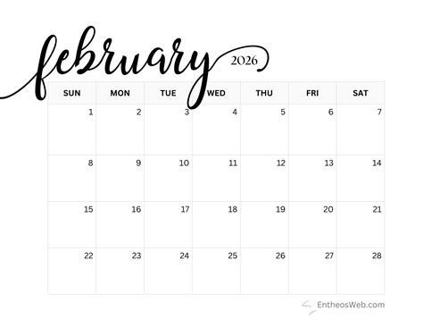 2026 Calendar Monthly Printable – Black and White | EntheosWeb