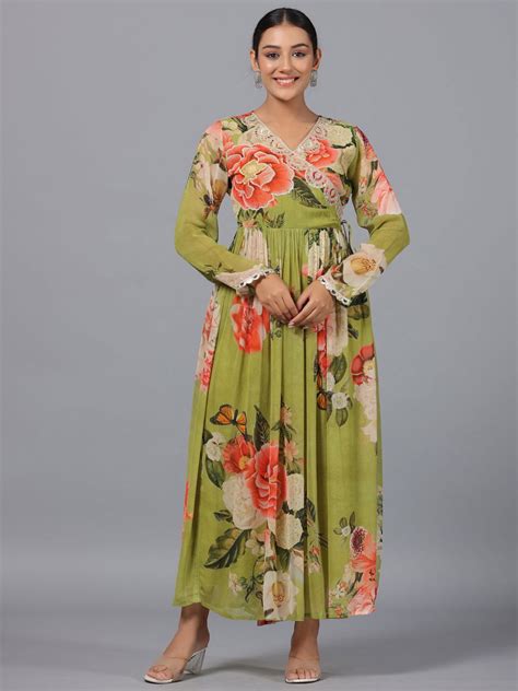 Juniper Green Floral Georgette Maxi Dress - Elegant Lacy Design