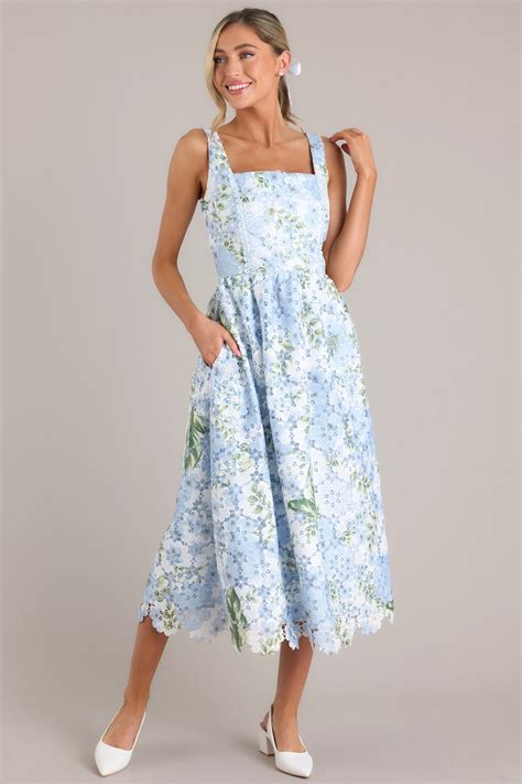 Sky Blue Floral Embroidered Midi Dress - All Dresses | Red Dress