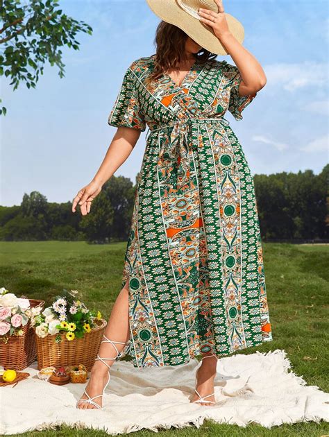 Plus Floral And Geo Print Split Thigh Wrap Belted Dress | SHEIN USA