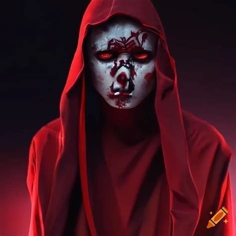 Red-eyed sorcerer with torn clothes and bloodstains on the shoulders on ...