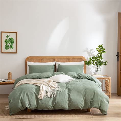 Green Duvet Cover Queen, 100% Washed Cotton Linen Like Textured 3 ...