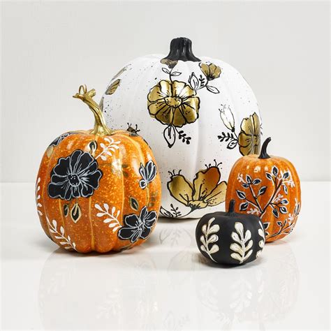 Black, White, & Gold Floral Pumpkins | Creative pumpkin painting ...