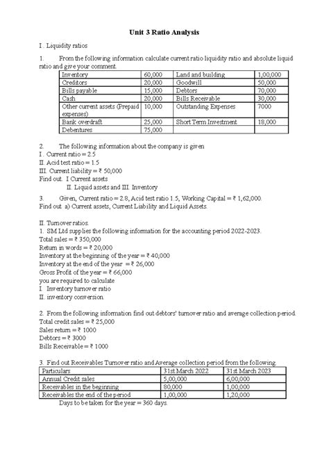 Unit 3 Problems - Ratio Analysis: Liquidity & Profitability Ratios ...