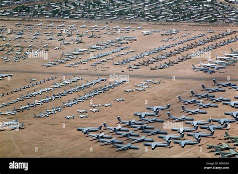 aerial view above military aircraft boneyard Tucson Arizona Davis ...