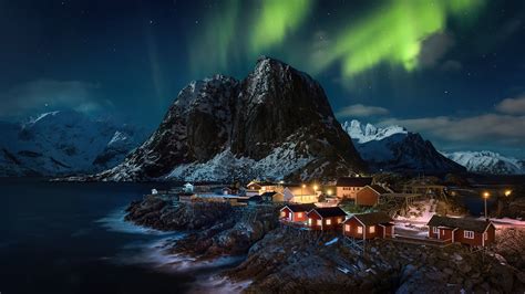 Lofoten Norway Village Aurora Northern Lights 4k Wallpaper,HD Nature ...