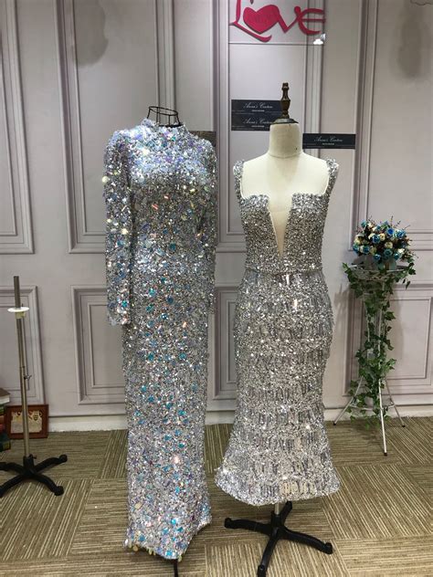 Sliver long sleeves crystals rhinestones handmade beaded haute couture ...