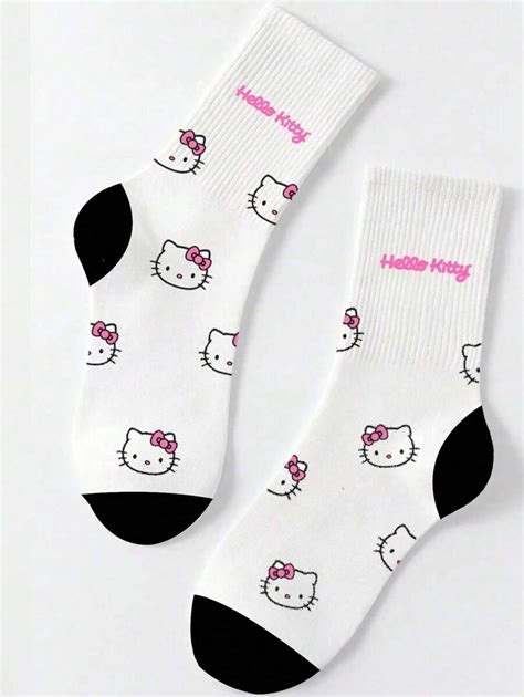 Sanrio 1 Pair Women's Kitty Cat Cartoon Crew Socks & 1 Pair Men's Kitty ...