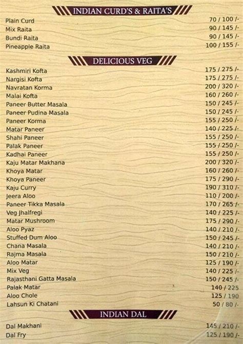 Menu at Dana Pani, Jaipur, Pradhan Marg