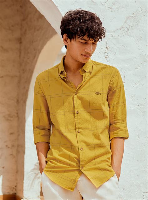 Buy Sunflower Seersucker Shirt | Casual Mustard Check Shirts for Men ...