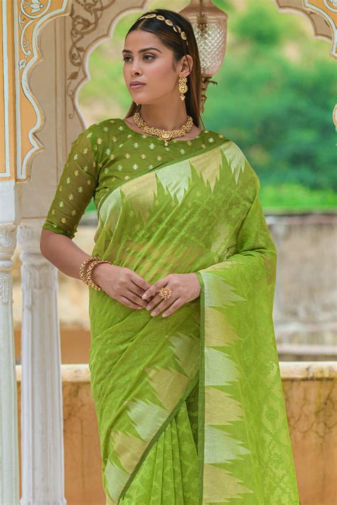 Buy Lime Green Organza Saree 12697 Online | Karagiri