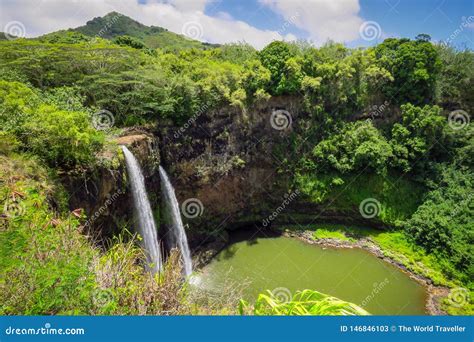 Wailua Falls, Panoramic View of the Twin Waterfalls in a Green Setting ...