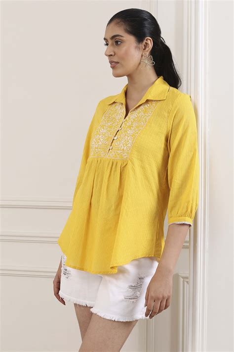 Buy Yellow Cotton Yoke Embroidered Kurti Online at Biba Global