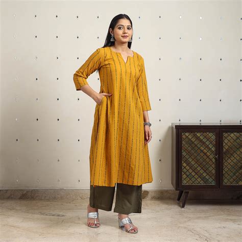 Yellow A-Line Cotton Jacquard Kurta