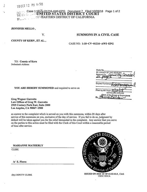 Kern County summons from federal lawsuit | | bakersfield.com