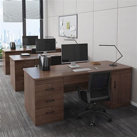 Contemporary Brown Wooden Office Desk with Locking Drawers and Cable ...