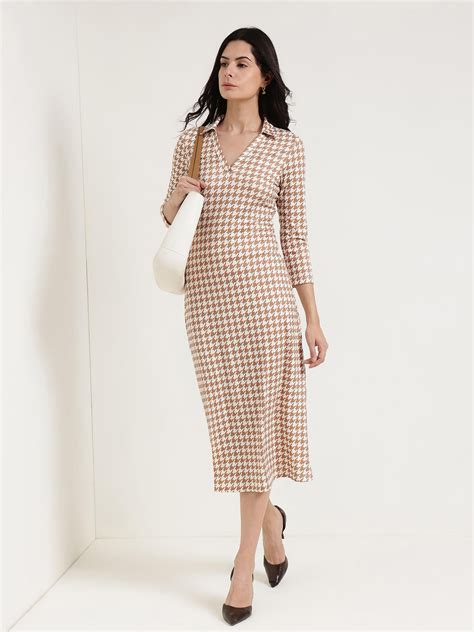 Buy Off White Collared Houndstooth Sheath Dress Online | FableStreet