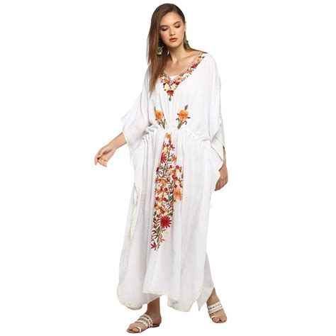 Buy CRAFTBAZAR Women's Boho Floral Embroidered White Kaftan (Free Size ...