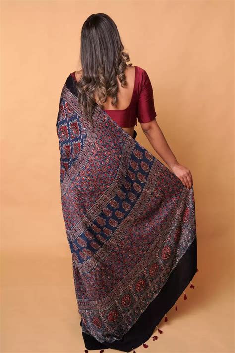 Indigo Beetel Modal Silk Ajrakh Saree: House Of Elegance – House Of ...
