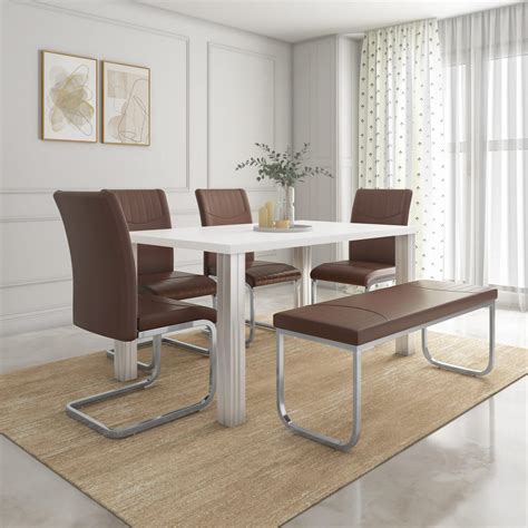 Frostine 6 Seater Dining Set With Bench (Brown & White) – Nilkamal Homes