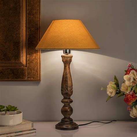 Homesake Floral Carved Wood Black Table Incandescent Lamp With Golden ...