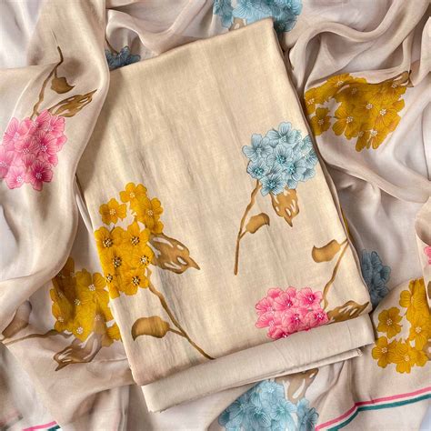Sunny Beige Blooms & Knots Hand Embroidered & Printed Pure Munga Satin ...