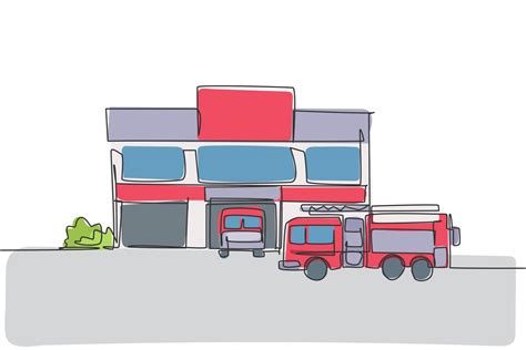Single continuous line drawing of fire station building construction ...