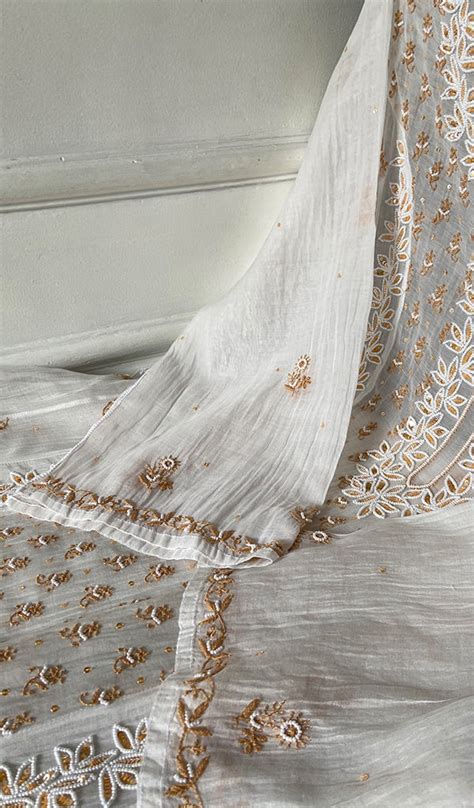Saziya Women's Lakhnavi Handcrafted Mul Chanderi Semi - Stitched Kurta