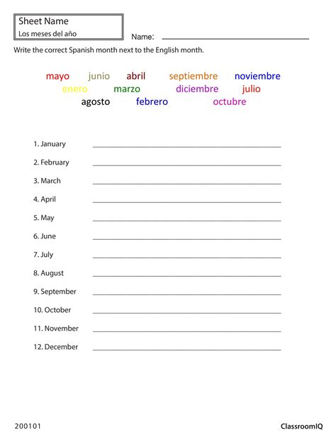 Spanish Months Worksheet for English and Italian Writing Practice