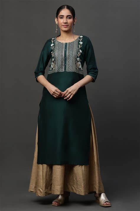 Buy Dark Green Embroidered Yoke Festive Kurta Online for Woman | Shop ...