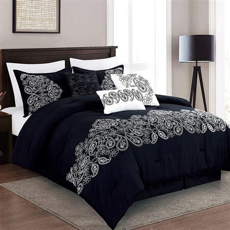 Chezmoi Collection 7-Piece Queen Comforter Set, Black Paisley Floral ...