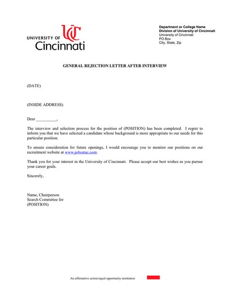 GENERAL REJECTION LETTER AFTER INTERVIEW in Word and Pdf formats