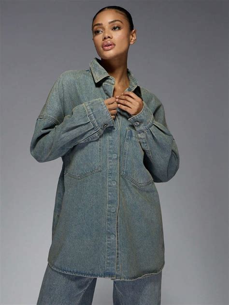 MISSGUIDED Oversized Denim Shirt Jacket Button Down Trucker Long Sleeve ...