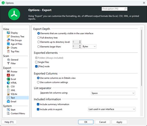 Using TreeSize > Options Dialog > Export > Text