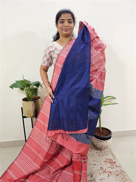 Semi Raw Silk Saree - Peach with Blue – Looms Legacy