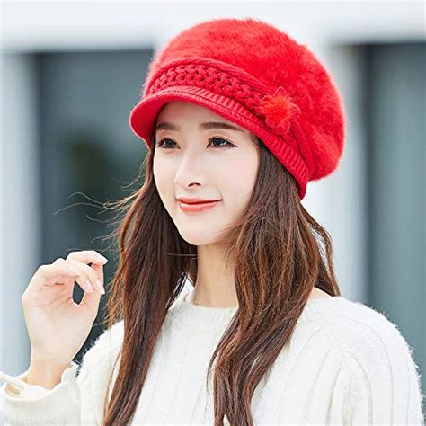 Buy Beishi Women Floral Beret Cap Winter Warm Knit Crochet Beanie Hat ...
