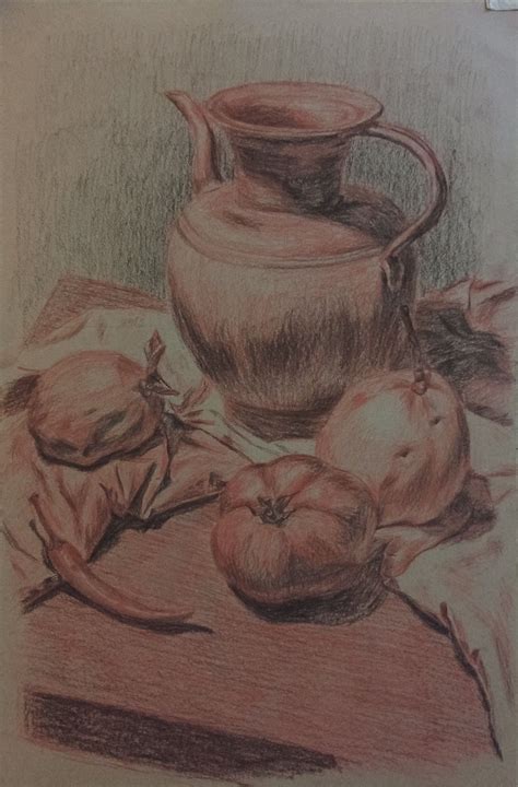 Still Life Drawing of Fruits and Veggies