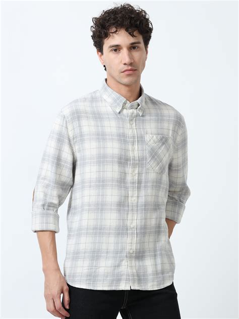 Clio - Brushed Checkered Shirt - White and Grey – Espanshe