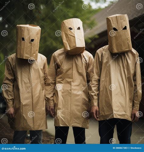Three People in Detailed Costumes with Paper Bag Masks Stock ...