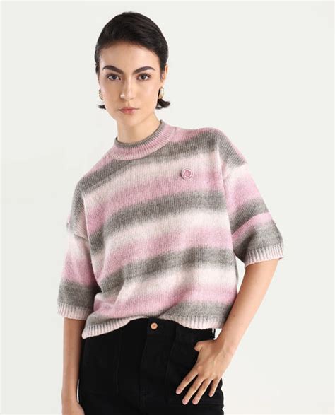 Rareism Women's Kenty Pink Acrylic Crew Neck Striped Crop Relaxed Fit