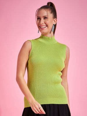 Buy 98 Degree North Women High Neck Full Sleeveless Sweater Green Online