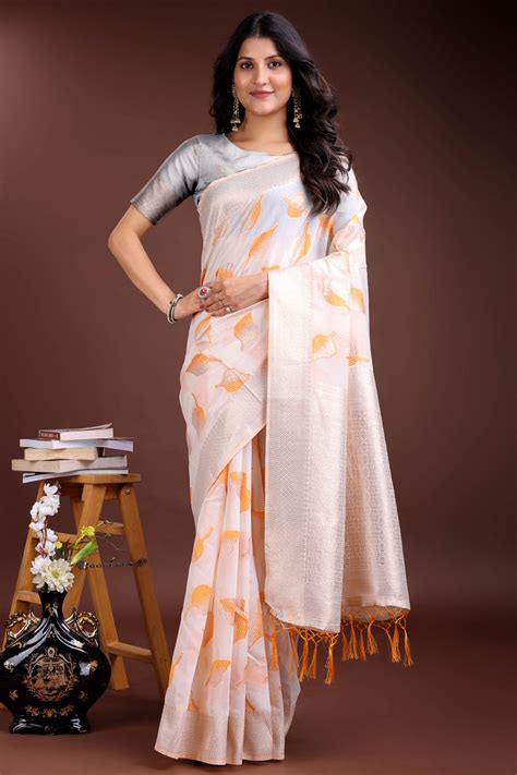 White and Orange Cotton Silk Saree with Leaf Motifs and Zari Border Ta