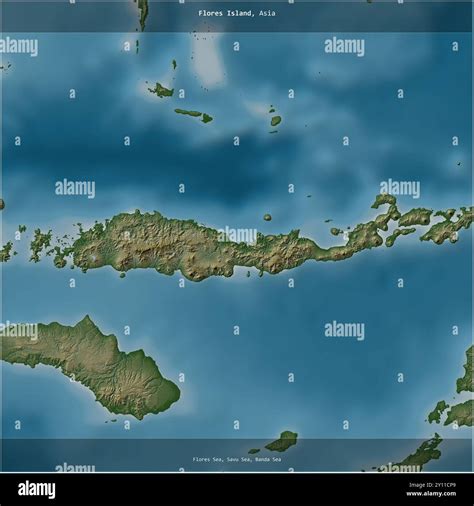 Flores Island in the Savu Sea, belonging to Indonesia, cropped to square on a colored elevation ...