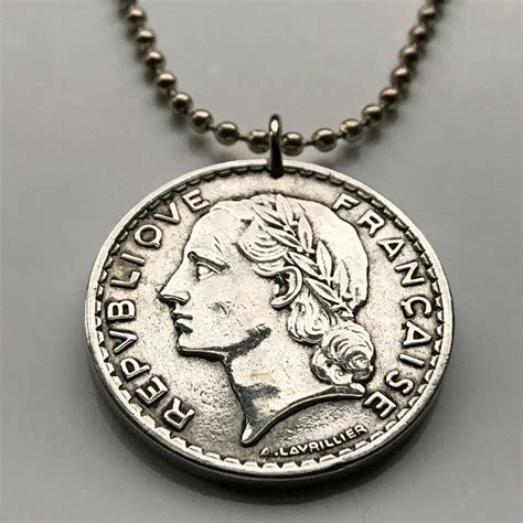 1949 France 5 Franc Coin Pendant Laureate Paris Lille Rennes Reims ...