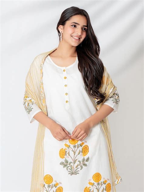 Buy White Hand Block Printed Cotton Suit - Set of 3 | SSP280/KAME13APR ...