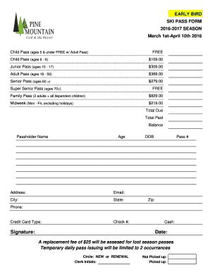 Fillable Online Early Bird Pass Form 2016-2017 - Pine Mountain Golf ...